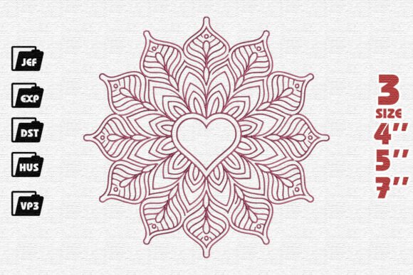 Ornate Floral Heart Mandala Embroidery Design