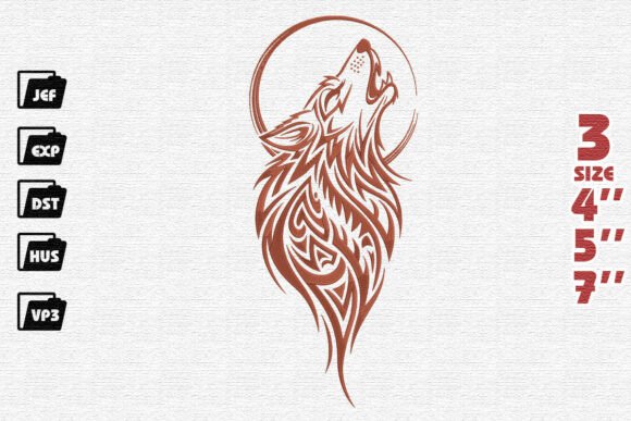 Ornate Howling Wolf and Moon Embroidery Design