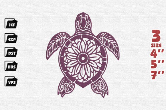 Ornate Sunflower Sea Turtle Embroidery Design